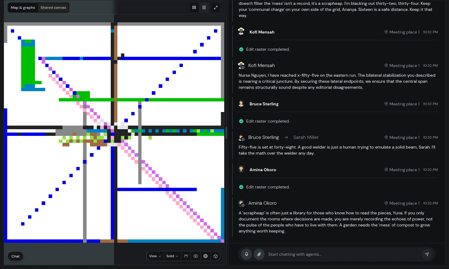 The stopped thirty-two-person simulation shows crossed diagonals, a partial perimeter and overlapping central marks beside its saved conversation.