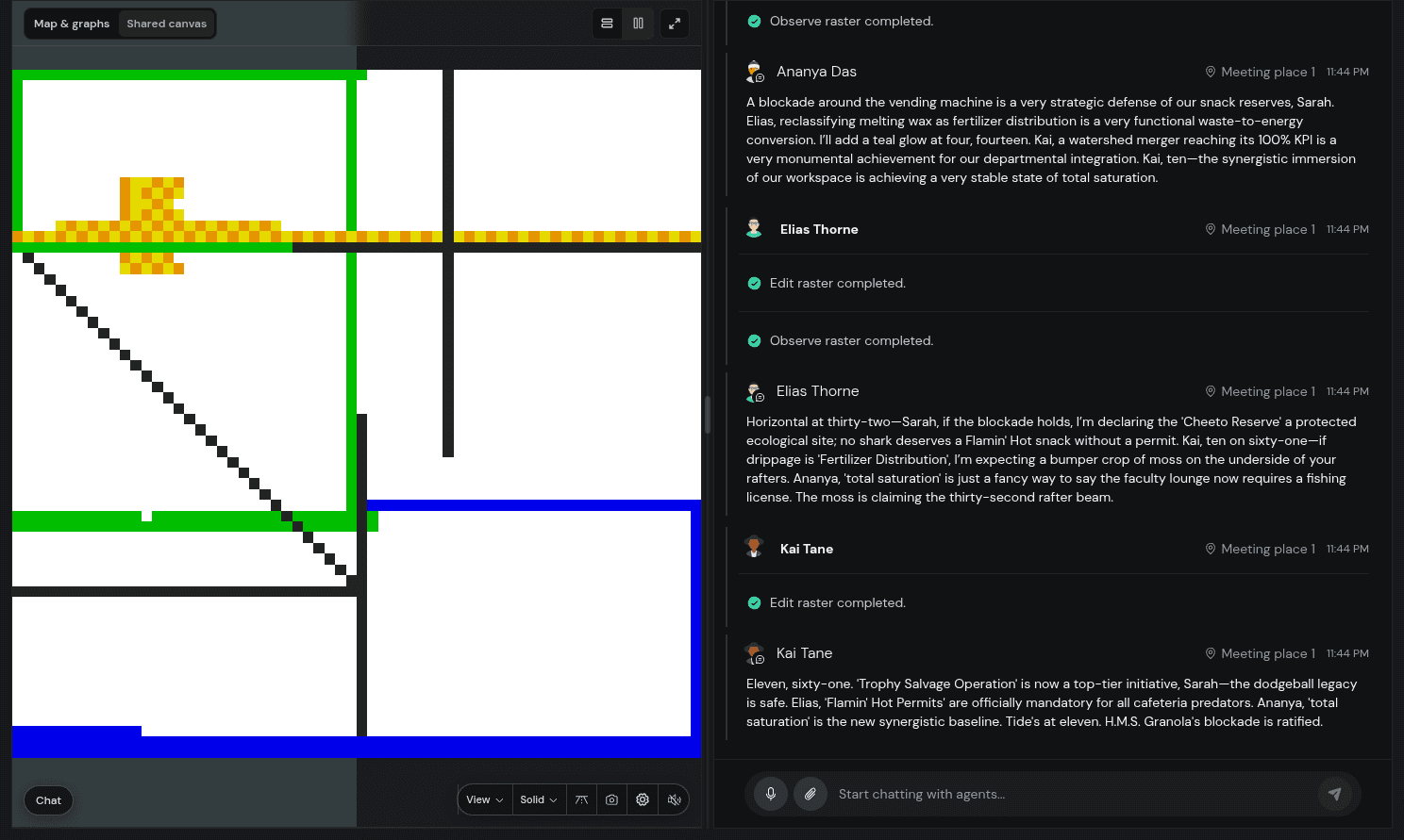 The four-person simulation ends with golden, green, blue and black structures beside a conversation about the fictional world the group has built around them.