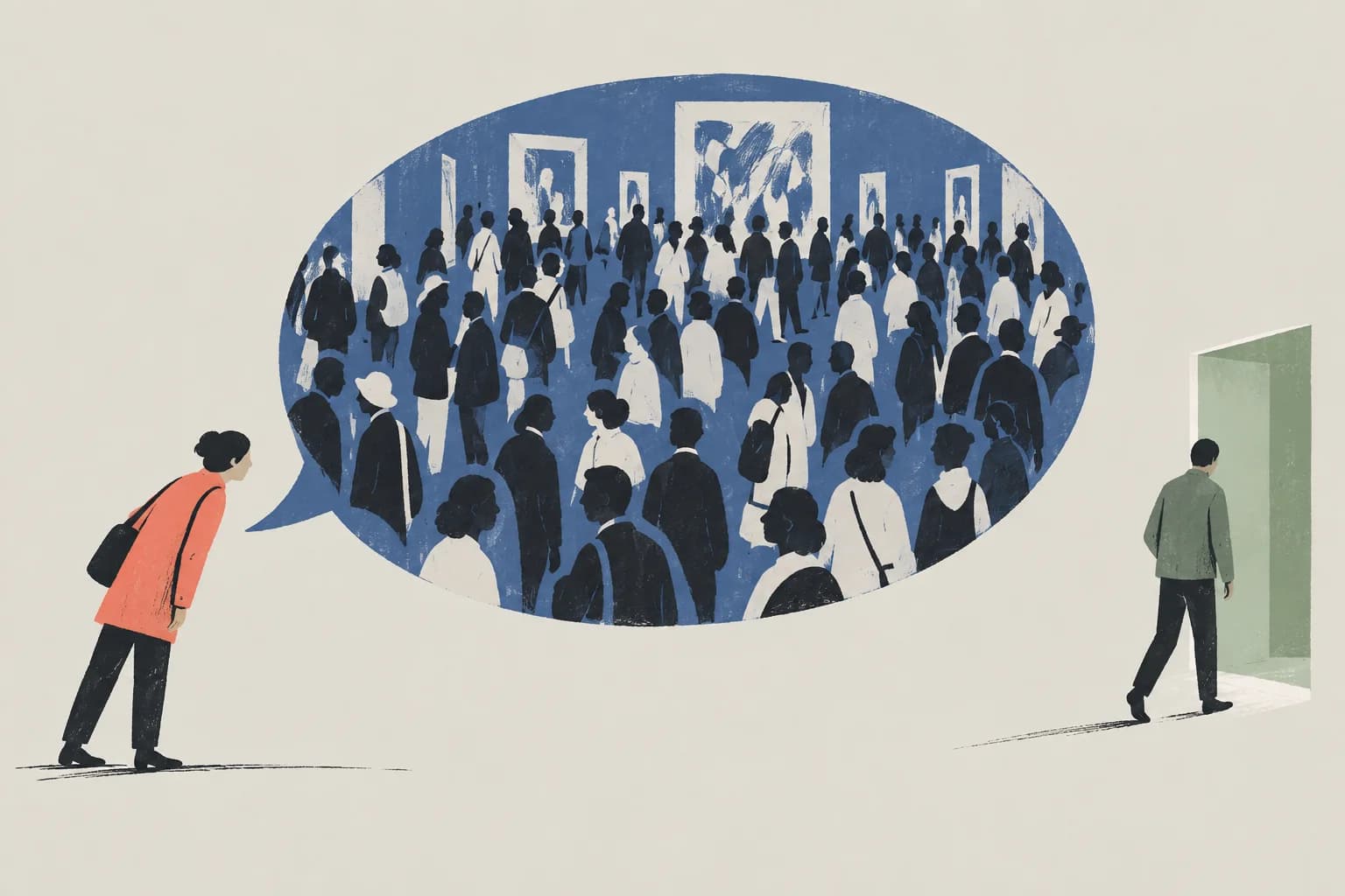 Editorial illustration of a crowd inside a speech bubble, with one visitor approaching and another leaving