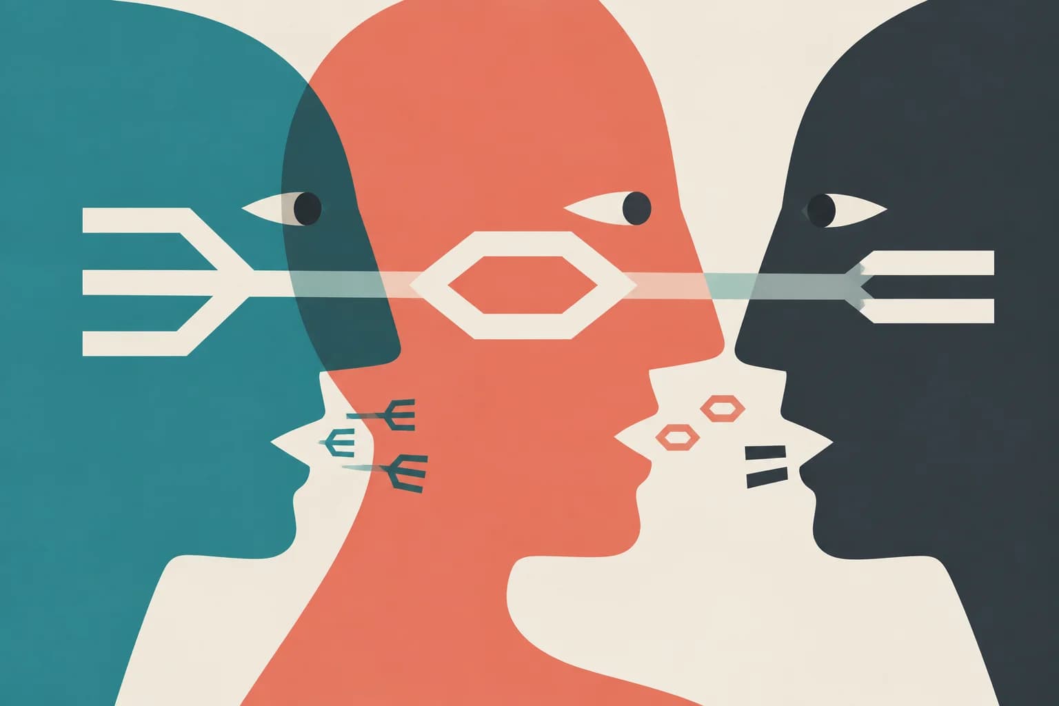 Editorial illustration of three overlapping profiles interpreting a shared sign differently