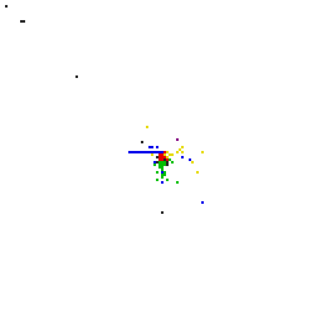 The final 128 by 128 canvas contains a small green and red central motif, blue strokes, yellow marks and a handful of peripheral pixels.