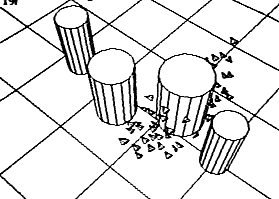 A simulated flock separates around cylindrical obstacles
